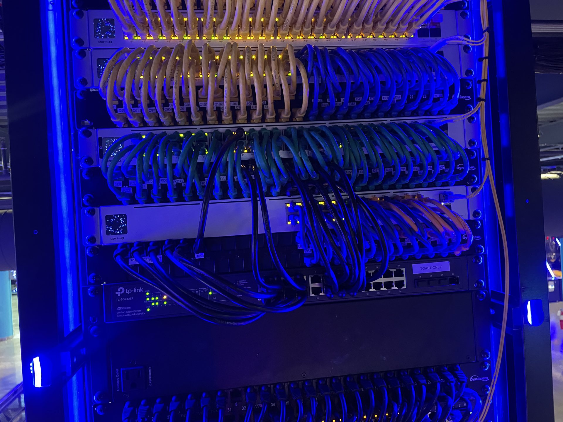 Network rack with labeled structured cabling and PoE switches supporting the commercial camera system