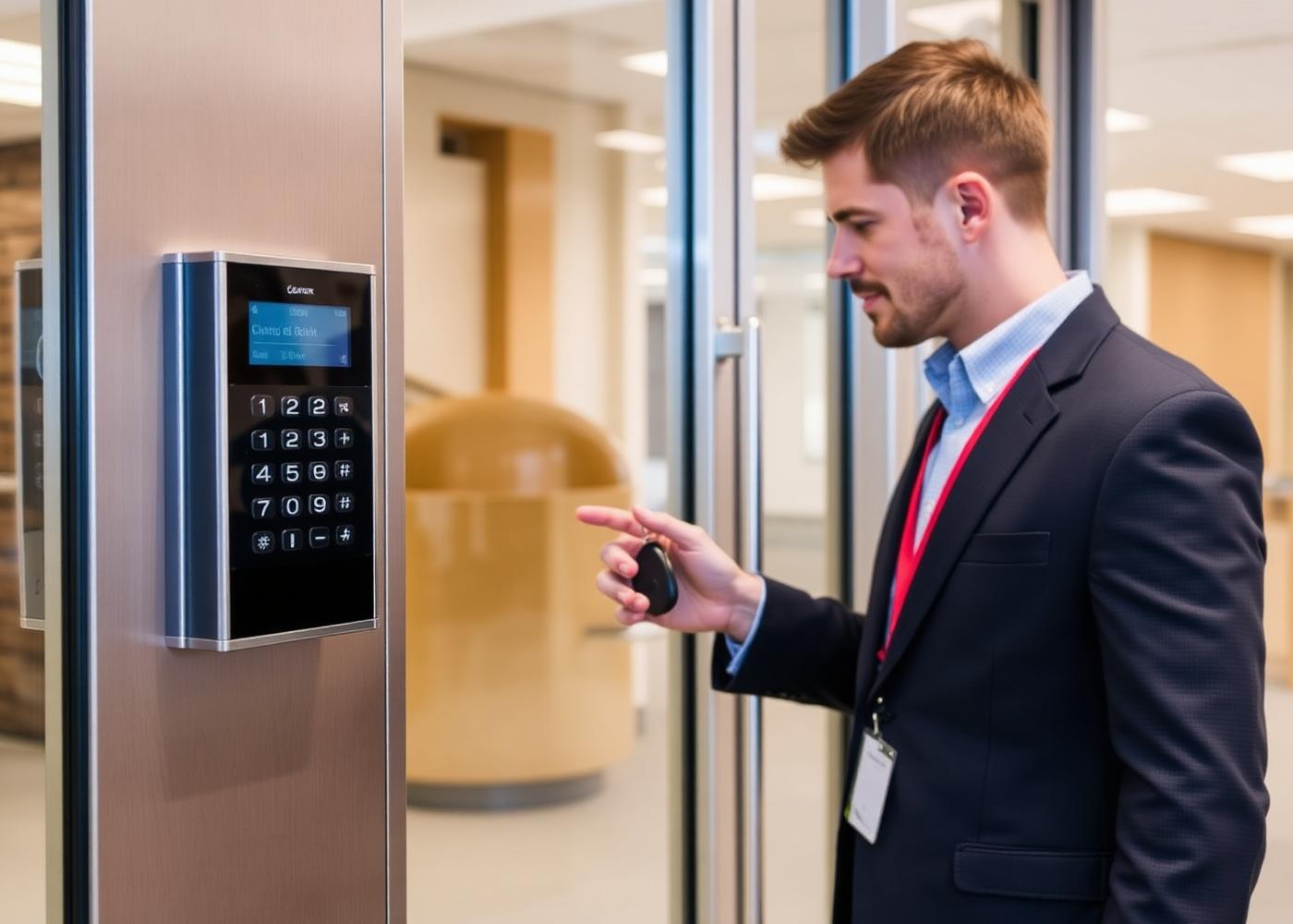 Access control keypad and badge reader installed beside a glass office entrance door