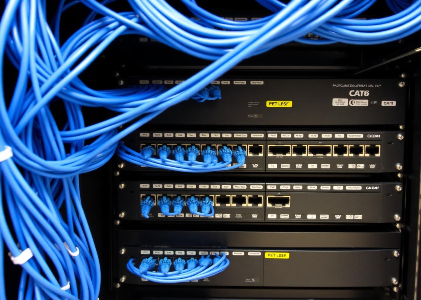 Organized commercial equipment rack with Cat6 patch cabling and network switches