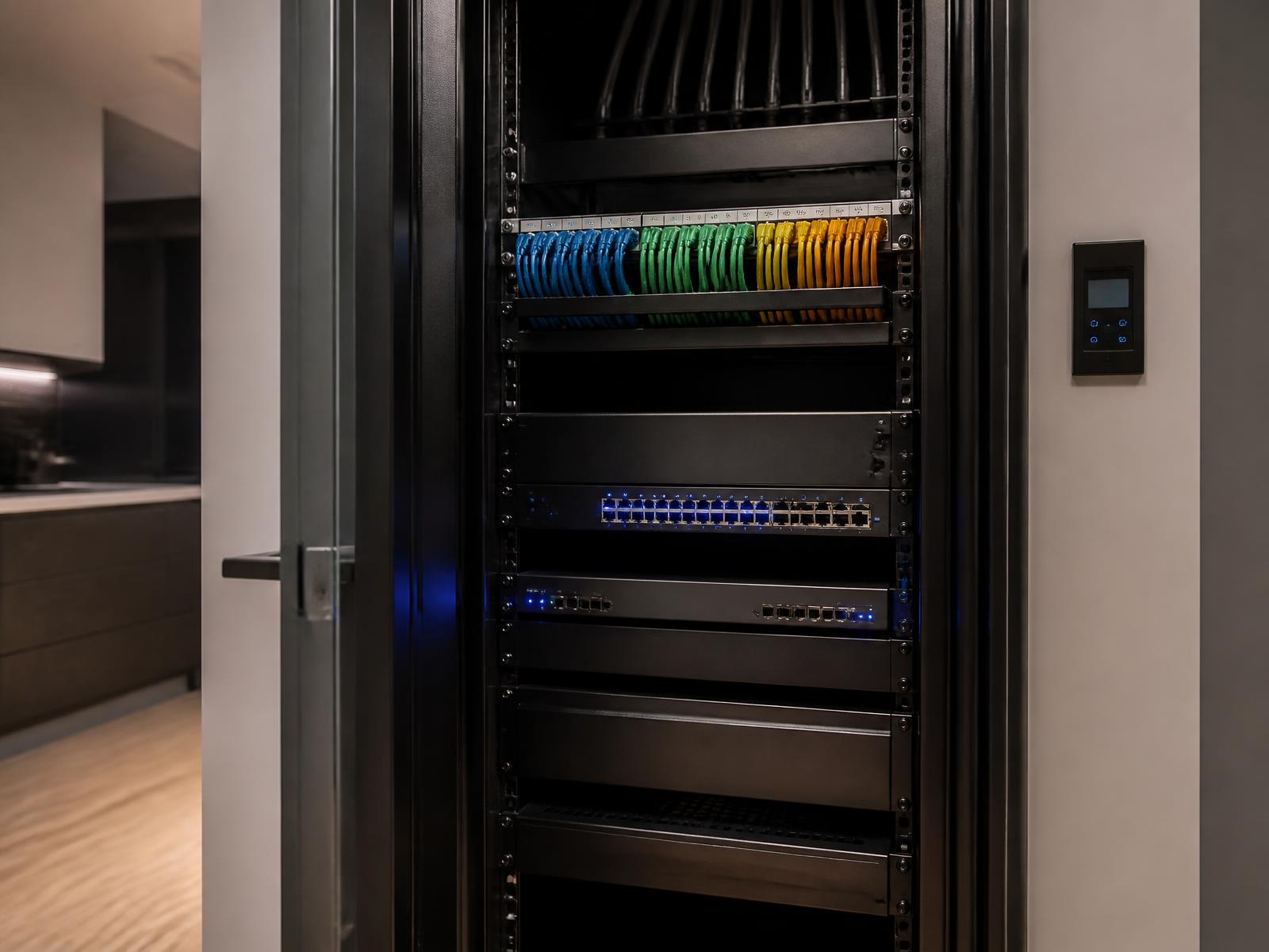 Organized home network rack with patch panel, managed switches and gateway equipment
