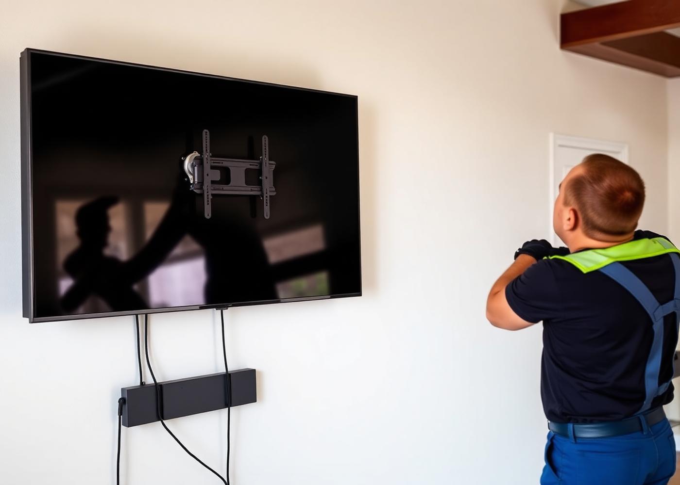 Technician mounting a flat screen television on a living room wall with concealed cabling