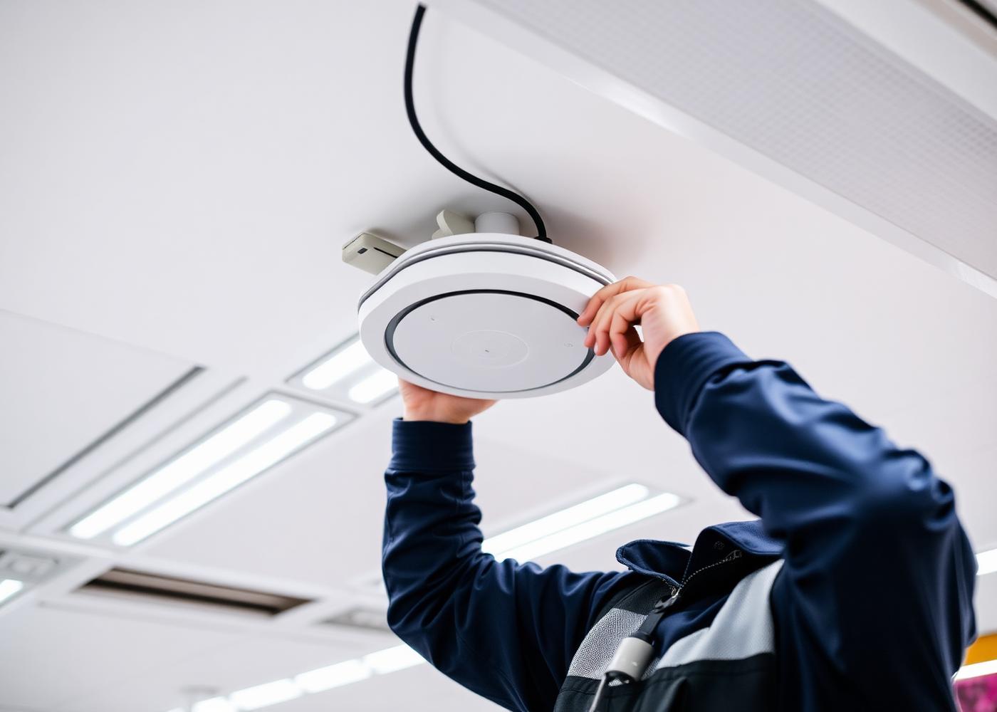 Technician installing a ceiling-mounted Wi-Fi access point in a commercial building